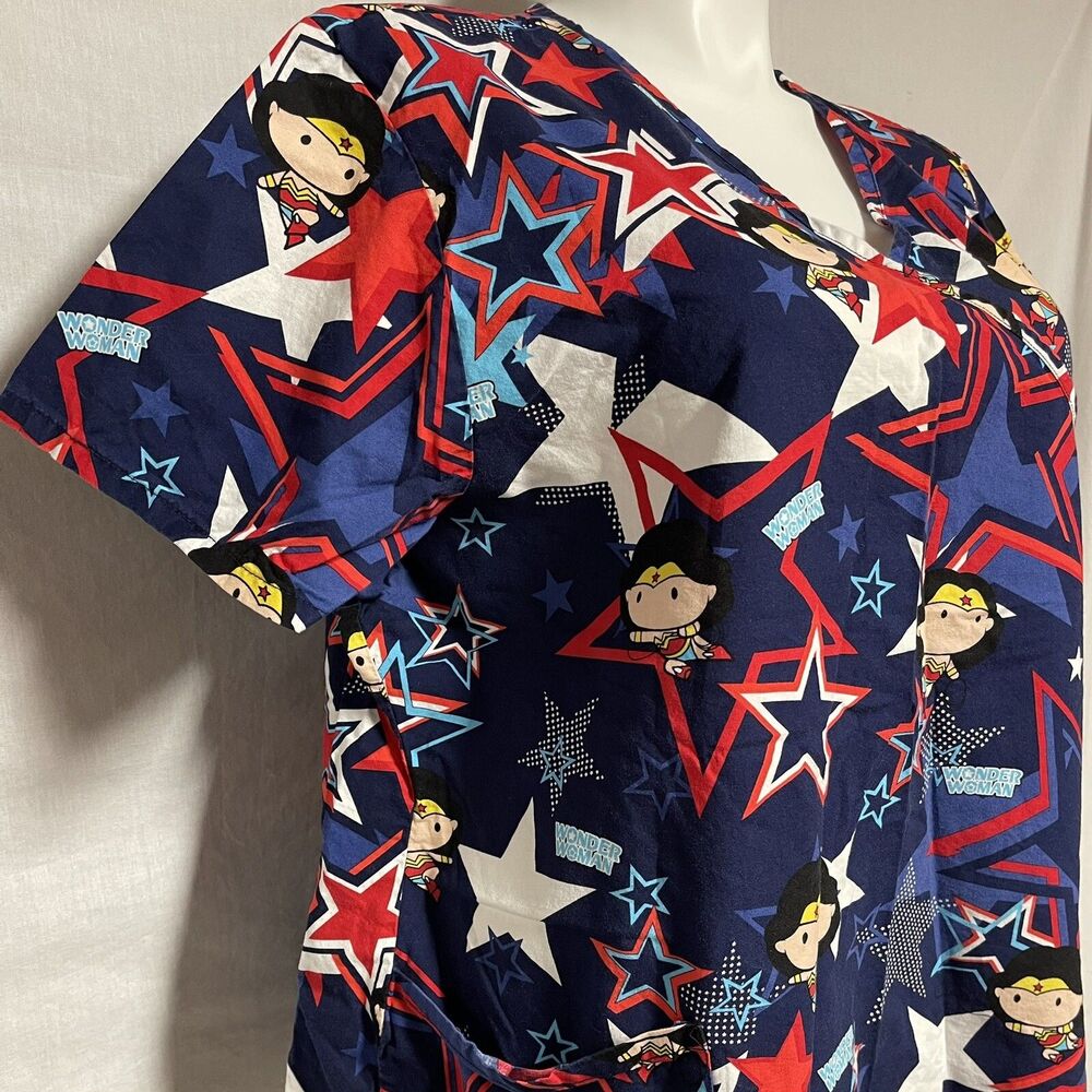DC Comics Funko Pop Wonder Woman Mock Wrap Nurse Scrub Top Unisex Navy Red 3XL - Picture 4 of 8